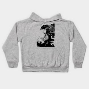 Ocean Waves And A Girl Who Loves The Sea Black And White Version Kids Hoodie